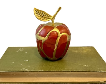 Vintage Brass Apple, Red Cloisonne Enamel, Metal Fruit Accent Statue, 1980&#39;s Decor, Teacher Gift