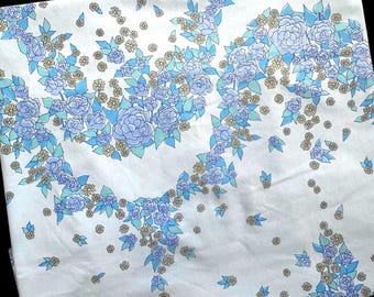 Vintage Floral Bed Sheet, Dorma Queen Flat, Light Blue Swag Garland Print, Flowers, 1970's Bedding, Made in England