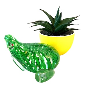 Vintage Art Glass Frog Figurine, Stylized Hand Blown Paperweight, Green Ribbons, Millefiori Eyes - Possible Murano