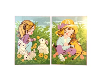 Cuadros vintage para pintar por números, niñas pequeñas y animales bebés, arte de pared de los años 70, linda decoración kitsch para guardería, cervatillo, conejitos.