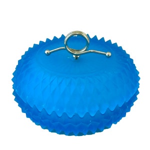 Vintage Powder Vanity Jar, Blue Satin Glass Container with Lid, Diamond Point Design