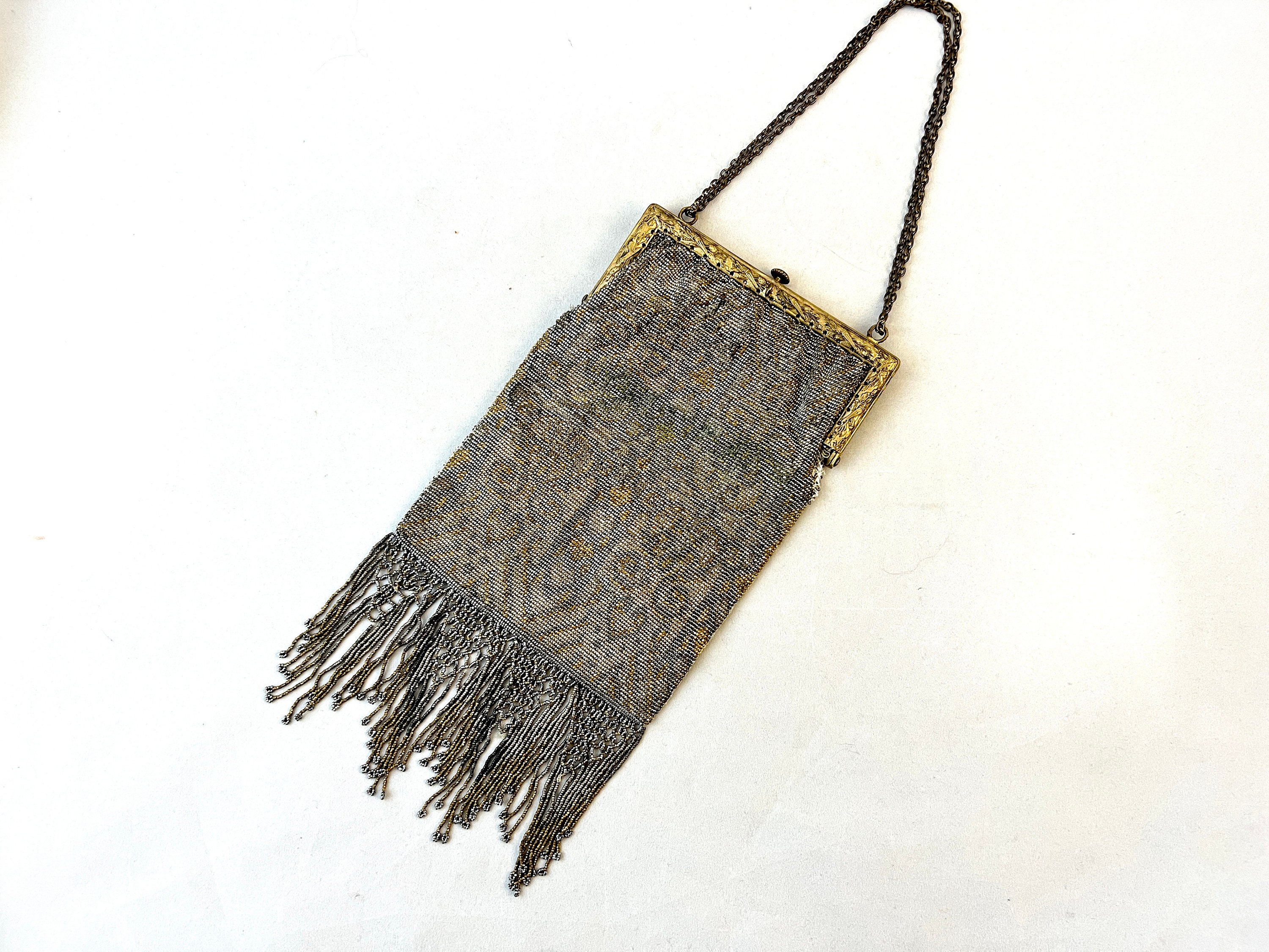 Antique French Lush Fringed Glass Bead Flapper Purse, Paisley Evening Bag, Gold, Silver 12.5 Long