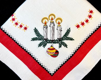Vintage Christmas Tablecloth, Angels, Yule Candles, Ornaments, European Style Boho Holiday Entertaining Decor, Square Linen