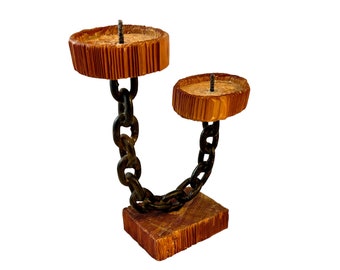 Vintage Gothic Candle Holder, Cryptomeria Wood, Welded Chain, Heavy Spanish Revival, Medieval Decor, Two Pillar Candles