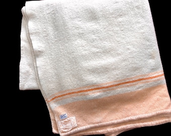 Vintage Wool Blanket, Cream White with Peach Stripes, Lightweight, Rustic Cottage Decor, Camp Car Picnic Throw