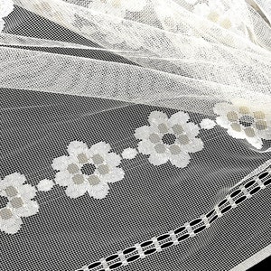 Vintage Lace Curtain Fabric, Sheer White Daisy Flower Power Design, 1970's Kitchen, Cafe Decor, Polyester Drapery Material,  BY THE YARD