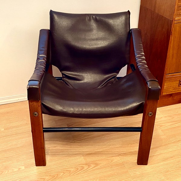 Vintage Arkana Safari Chair, Maurice Burke, 1960's Mid Century Modern Lounge Seating, Chocolate Brown Vinyl, Teak Frame, Made in England