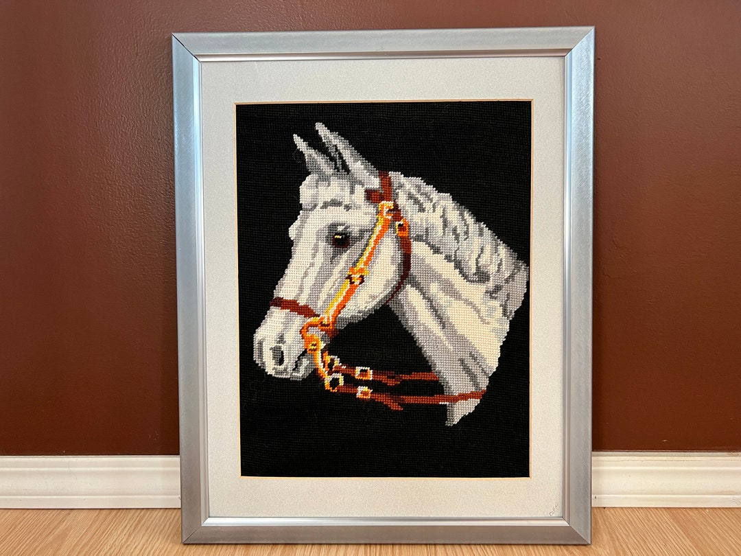 Vintage Horse Needlepoint, Completed Framed Picture, Grey Horsehead