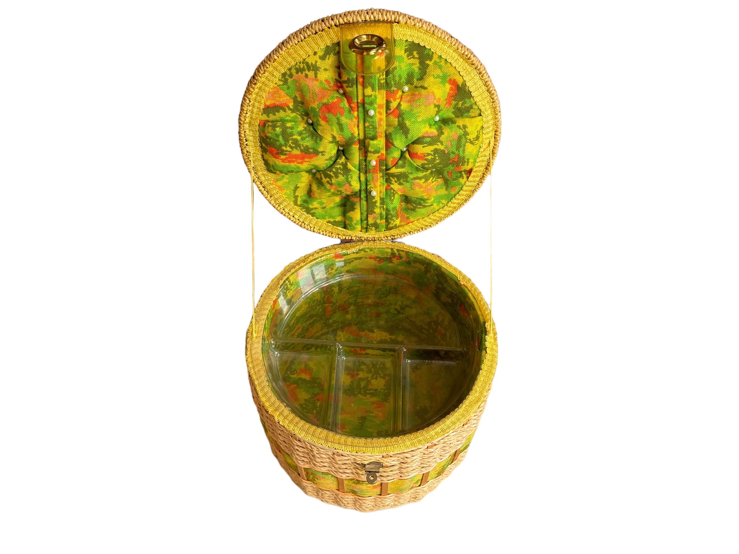 Vintage Sewing Basket, Round Wicker, MOD Green, Orange Lining