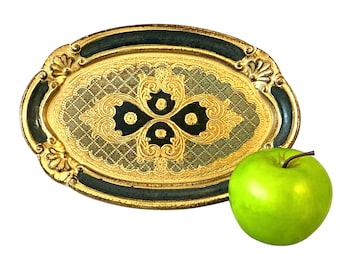 Vintage Vanity Tray, Firenze Italy Florentine, Ornate Green and Gold, Oval Shape, Hollywood Regency Bathroom, Bedroom Decor