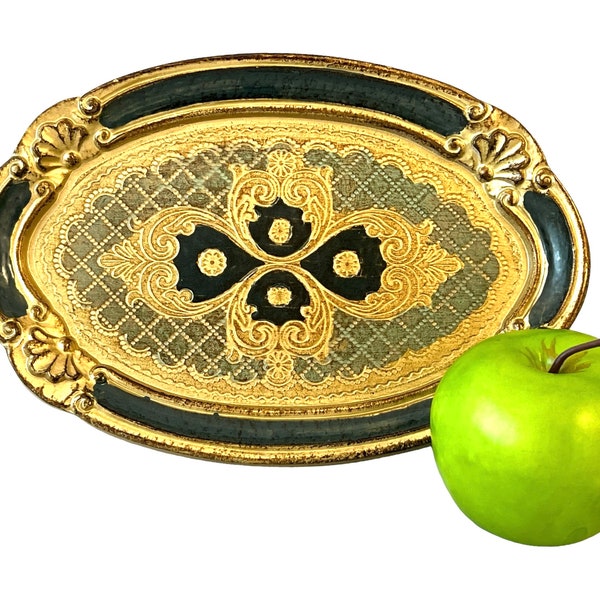 Vintage Vanity Tray, Firenze Italy Florentine, Ornate Green and Gold, Oval Shape, Hollywood Regency Bathroom, Bedroom Decor