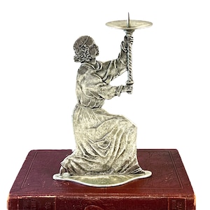 Vintage Pewter Candle Holder, Single Candlestick, European Figural Monk, Altar Boy, Antique Religious Decor