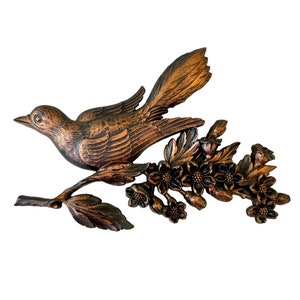 Vintage Bird Plaque, Robin on Apple Blossom Tree Branch, 1960&#39;s Coppercraft Syroco Faux Copper PlasticWall Hanging, Michigan Symbols