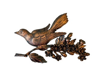 Vintage Bird Plaque, Robin on Apple Blossom Tree Branch, 1960's Coppercraft Syroco Faux Copper PlasticWall Hanging, Michigan Symbols