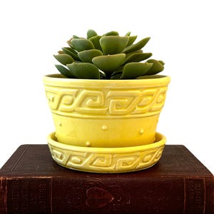 Vintage McCoy Planter, Yellow Pottery, Greek Key, Hobnail Design, Integrated Saucer, Drainage, Houseplant Pot