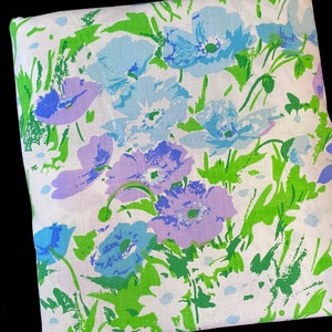 Vintage Bed Sheet, Full Flat, Flowers Everywhere by Lady Pepperell, Mod Flower Blue, Purple Floral Print, 1970s Bedding