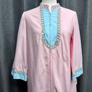 Vintage Robe, 1970&#39;s Pink Short Zip Up Nightie, Nightgown, Fuzzy Velour, Bell Sleeves, Nehru Collar