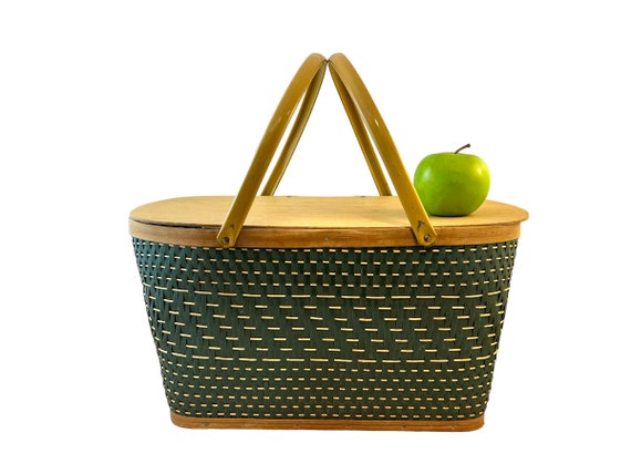 Vintage Picnic Basket, Dark Green Woven Wicker, M… - image 1