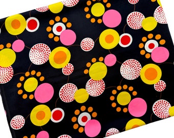 Vintage Fabric, Polyester Mod Geometric Print, 1970's Satin Faux Silk Sewing Material, Black with Dots