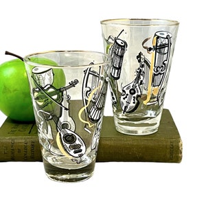 Vintage Music Cocktail Glasses, Set of 2, Libbey Mid Century Musical Instrument Barware Glassware, Musician Gift
