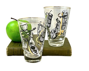 Vintage Music Cocktail Glasses, Set of 2, Libbey Mid Century Musical Instrument Barware Glassware, Musician Gift
