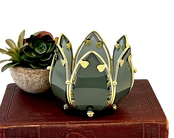 Vintage Lotus Candle Holder, Flower Petals, Smoke Glass, Brass Tea Light Votive, 1980's Decor