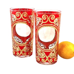 Vintage verres à whisky Culver Regal Scroll, paire de verres rouge et or 22 carats, articles de bar Hollywood Regency du milieu du siècle