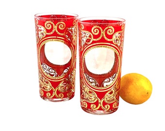 Vintage Culver Regal Scroll Highball Glasses, Pair of 22K Red and Gold Glassware, Mid Century Hollywood Regency Barware