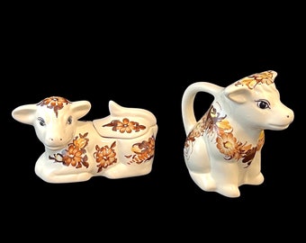 Vintage Polish Pottery Cow Creamer and Sugar Bowl, Janpol Kolo Fajans, Brown Flowers, Ceramic Cream Pitcher, Lidded Dish, Rustic Farmhouse