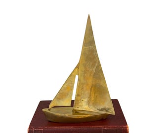 Vintage Brass Sailboat, Mid Century Modern Nautical Accent, Classic Boat Statue, Office Decor