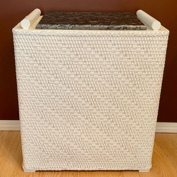 Vintage Laundry Hamper, White Woven Wicker, Faux Marble Hinged Lid, 1950's Decor
