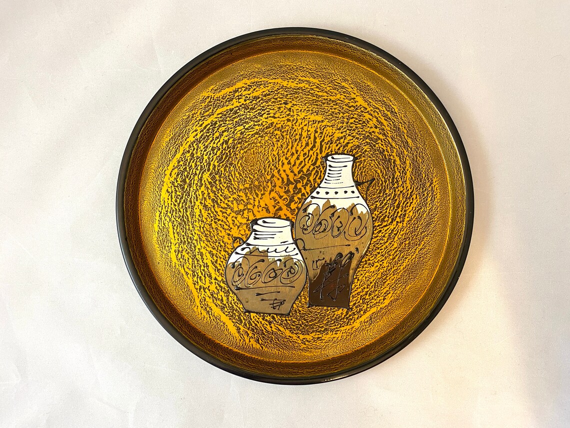Vintage Lacquer Tray Mid Century Pottery Vase Design Gold Etsy