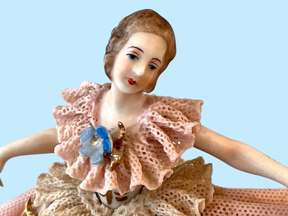 Vintage Dresden Dancer Figurine, Lace Porcelain Dancing Waltzing