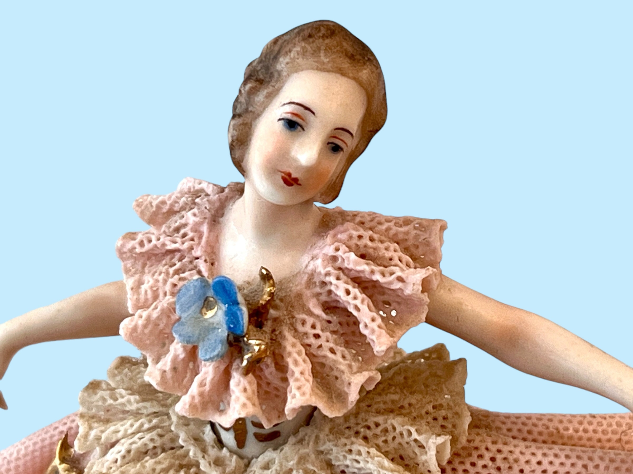 Vintage Dresden Dancer Figurine, Lace Porcelain Dancing Waltzing