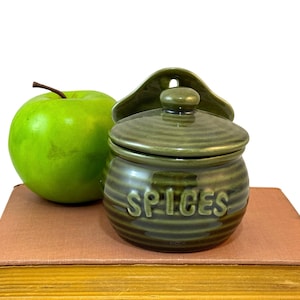 May include: A green ceramic spice jar with a lid and a wall mount. The jar has the word "SPICES" written on it in white letters. The jar is sitting on a stack of books.