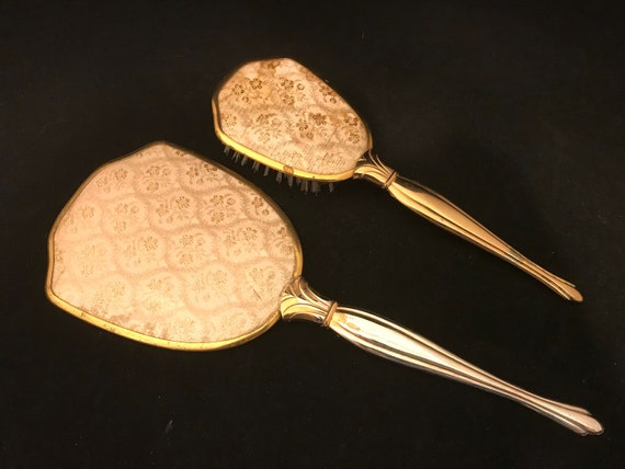 Vintage Vanity Dresser Set Hand Mirror And Hair Brush Brocade Etsy