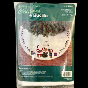 Bucilla Tree Skirt Kit, December 24th, Christmas Eve Felt Applique, Santa and Elves, DIY Holiday Gift, Sewing Sequins