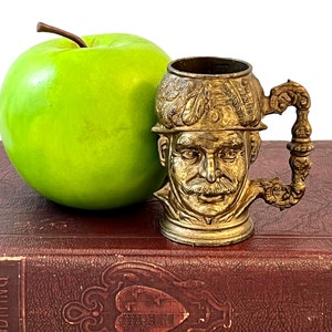 Vintage Brass Toby Jug Shot Glass, Mini 2.75&quot; Collector Stein, Figurine, Military Man, Soldier Head