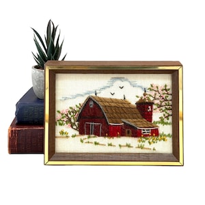 Vintage Spring Barn Crewel Picture, 1970's Rustic Country Farmhouse Decor, Small Finished Framed Wall Hanging