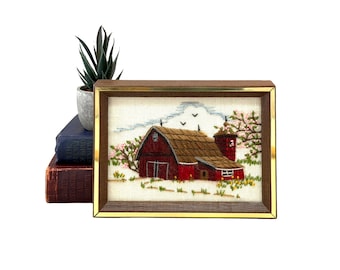 Cuadro antiguo de primavera con bordado a mano, decoración rústica de granja de los años 70, pequeño cuadro enmarcado para colgar en la pared.