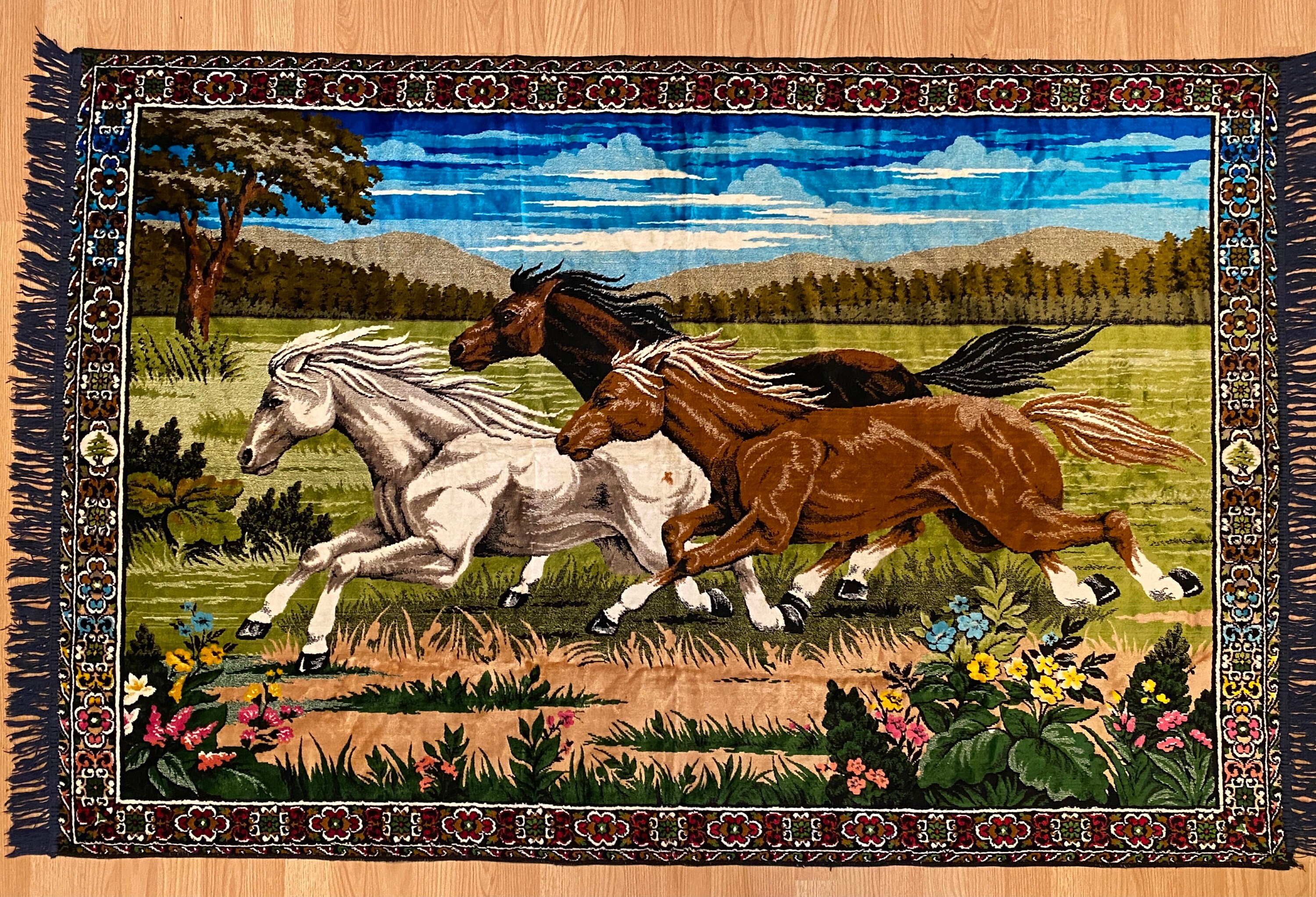 Vintage Horse Tapestry Velvet Wall Hanging 6 foot Rug With