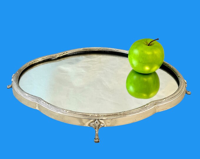 Vintage Mirror Tray, Silver Plated Quatrefoil Shape Mirrored Dresser