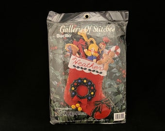 Vintage Bucilla Stocking Kit, Christmas Surprises, Felt Applique Craft, DIY Holiday Gift, Sewing Sequins