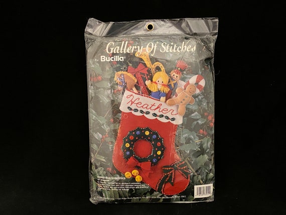 Vintage Bucilla Stocking Kit, Christmas Surprises, Felt Applique Craft, DIY Holiday Gift, Sewing Sequins