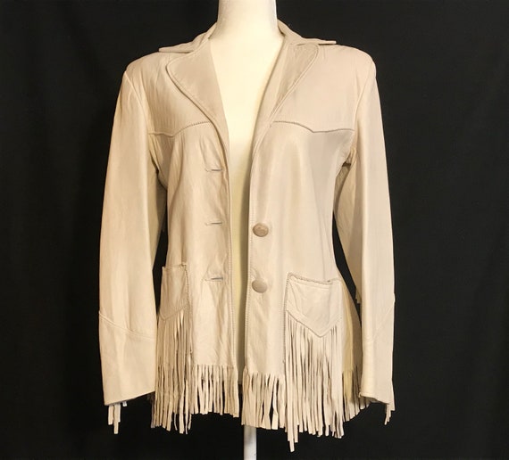 Vintage Leather Jacket with Fringe, Cream White, G