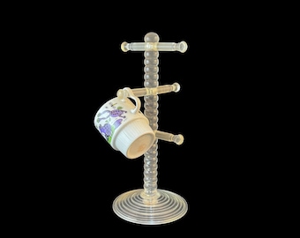 Vintage Mug Tree, Clear Plastic Coffee Cup Rack, Holds 4 Small Mugs, Jewelry Organizer Stand