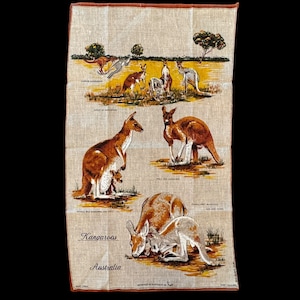 Vintage Kangaroo Tea Towel, Australia Souvenir, Australian Kangaroos, Heil Beige Linen