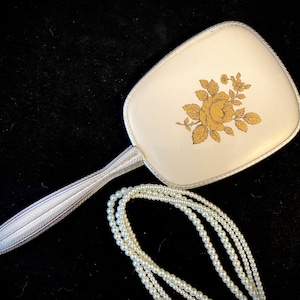 Vintage Hand Mirror, Cream White, Gold Tone Roses, Flower Design, Silver Tone Handle, for Dresser Vanity Set