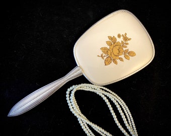 Vintage Hand Mirror, Cream White, Gold Tone Roses, Flower Design, Silver Tone Handle, for Dresser Vanity Set