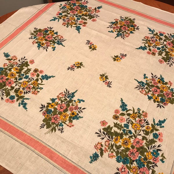 Vintage Tablecloth, Linen Floral Bouquet Pattern, Pink Stripe, Small Square Cafe Bistro Kitchen Table Cloth, Flower Spring Decor